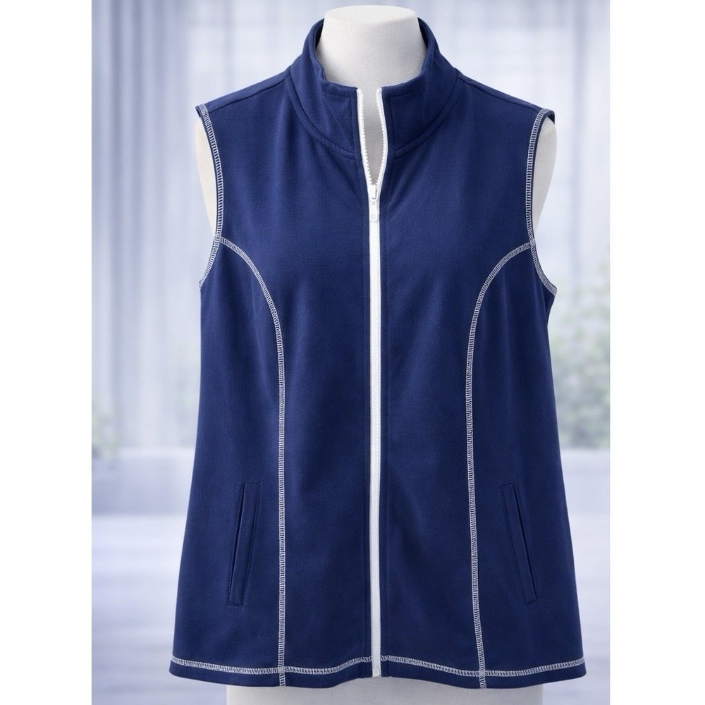 Quacker Factory French Terry Knit Bling Zip Front Vest Navy White‎ Pockets 1X